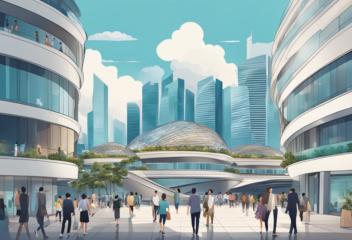 People walk among the luxury shops at Marina Bay Sands, with the iconic architecture and city skyline in the background