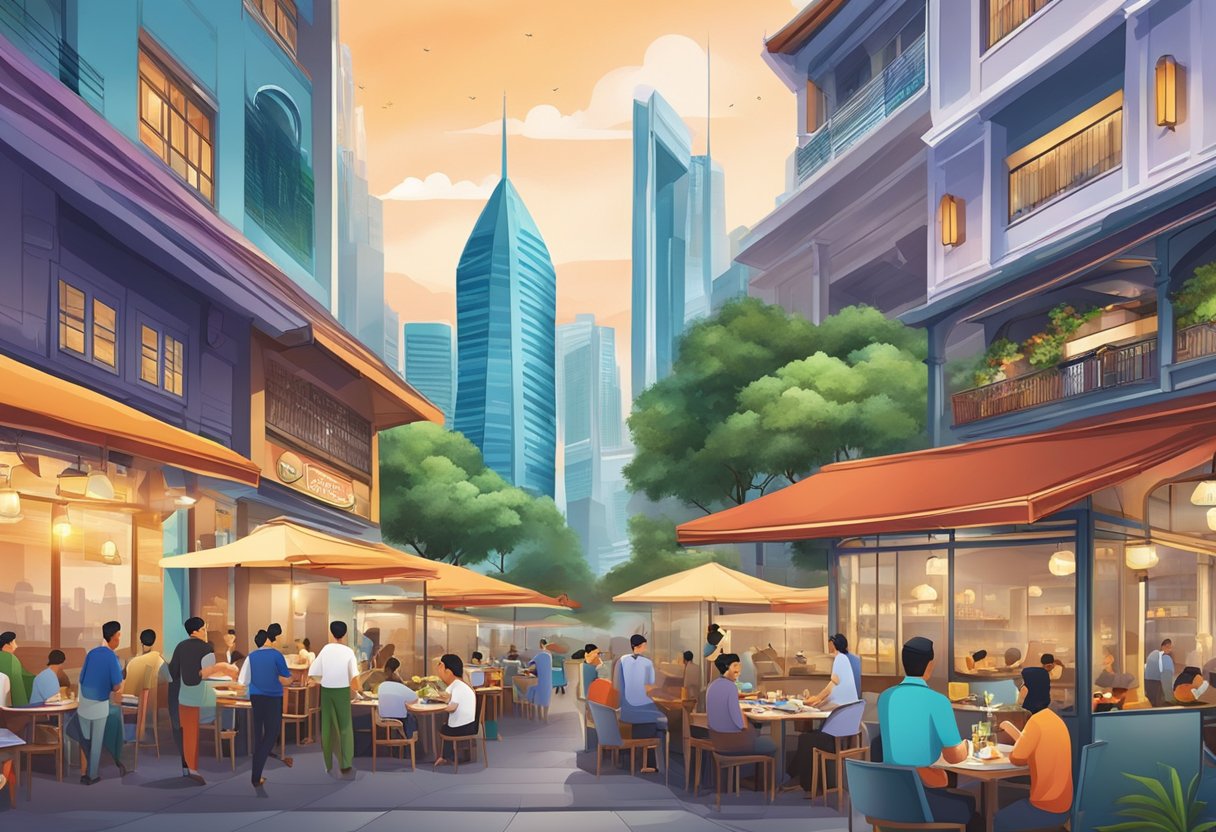 A bustling halal restaurant in Singapore, nestled in a vibrant urban landscape with iconic landmarks in the background