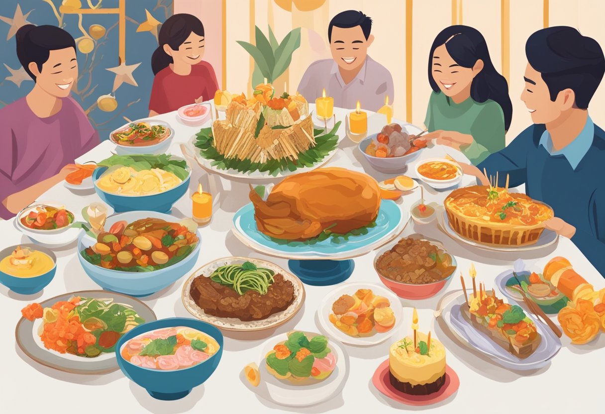 Colorful decorations, a table filled with traditional Singaporean dishes, and a cake with candles, surrounded by smiling guests