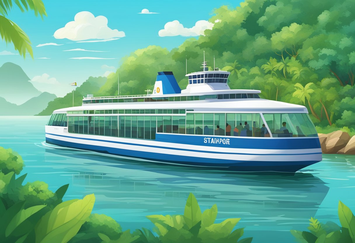 A ferry cruises from Singapore to Batam, passing through the calm waters with a backdrop of lush green islands and clear blue skies