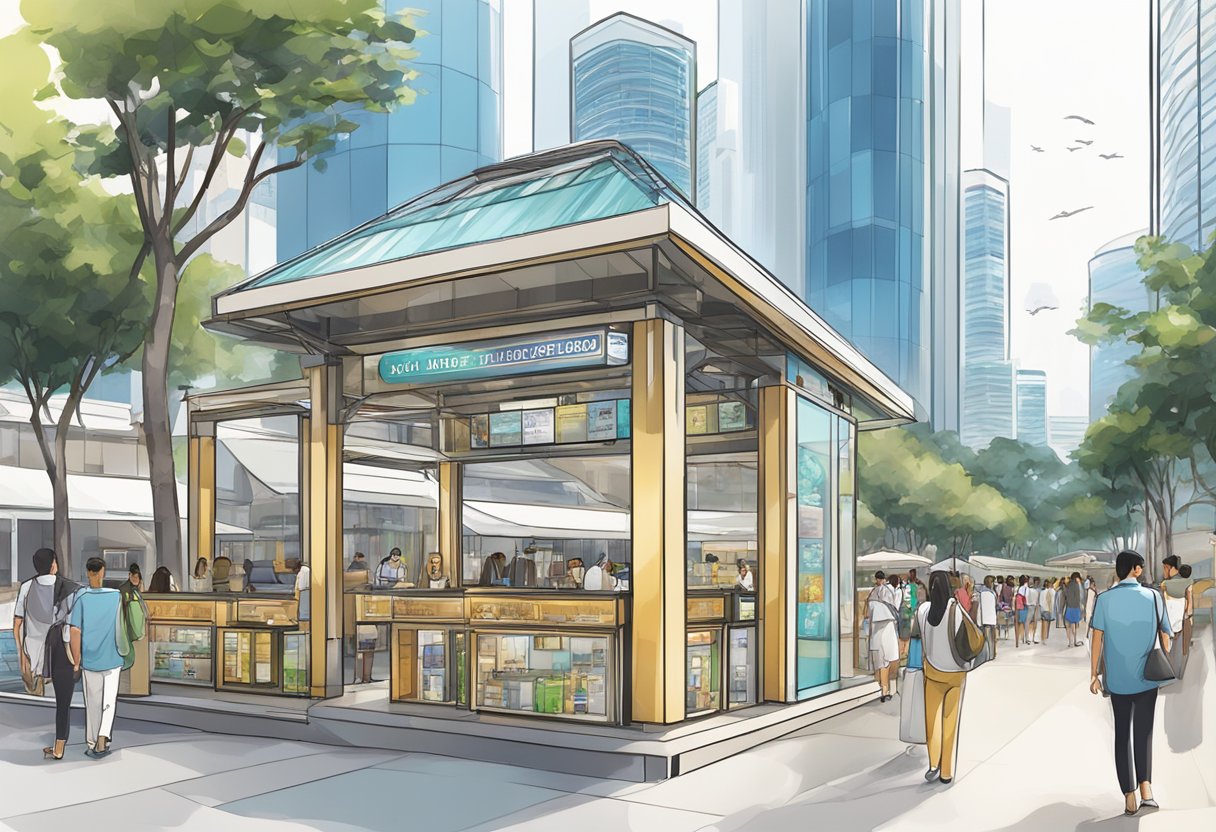 The Visitor Information booth stands at the bustling Bayfront Avenue, surrounded by the modern architecture of The Shoppes at Marina Bay Sands in Singapore
