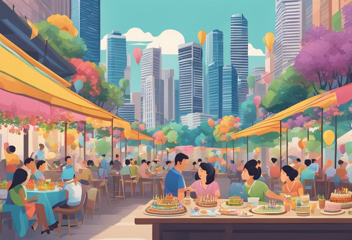People are gathered around a table covered in colorful decorations, planning a birthday celebration in Singapore. A map of the city hangs on the wall, with landmarks and attractions highlighted