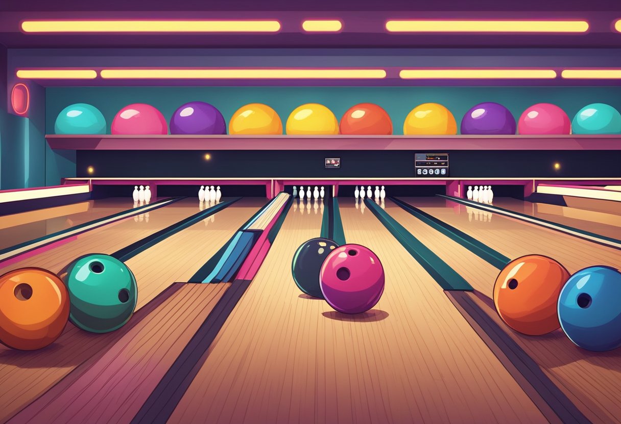 A colorful bowling alley in Singapore with bright neon lights, shiny wooden lanes, and rows of vibrant bowling balls