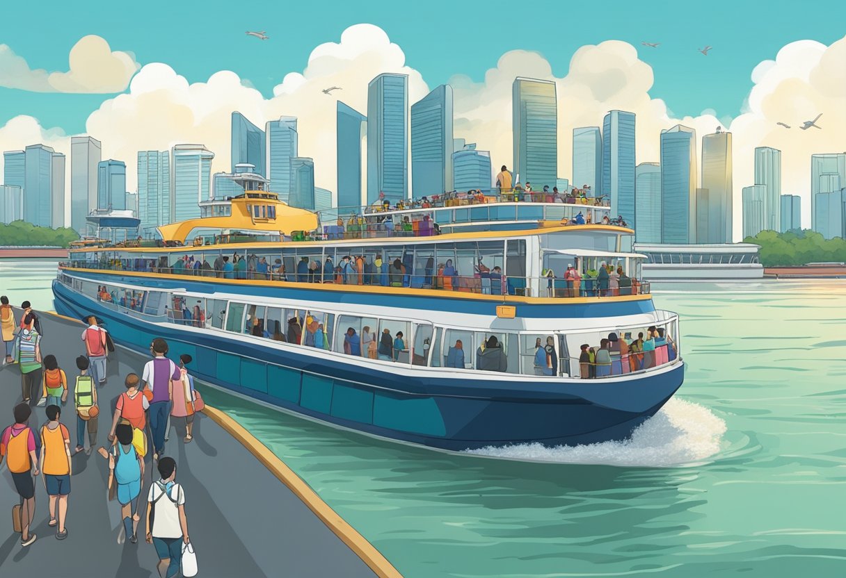 Passengers board a ferry in Singapore, bags in hand. The vessel sets off, crossing the water to Batam. The skyline of both cities is visible in the distance