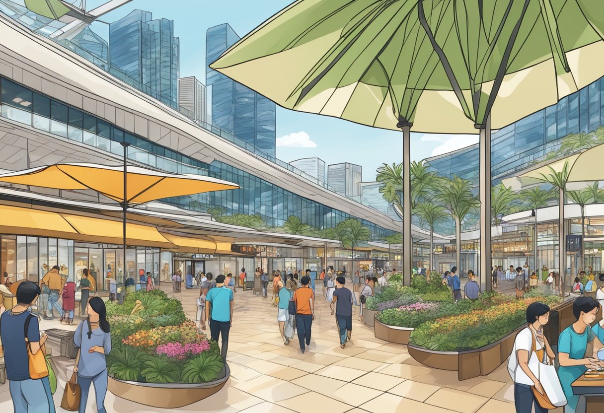 The bustling bayfront avenue at the shoppes of Marina Bay Sands in Singapore. A modern, urban setting with a mix of shops and restaurants