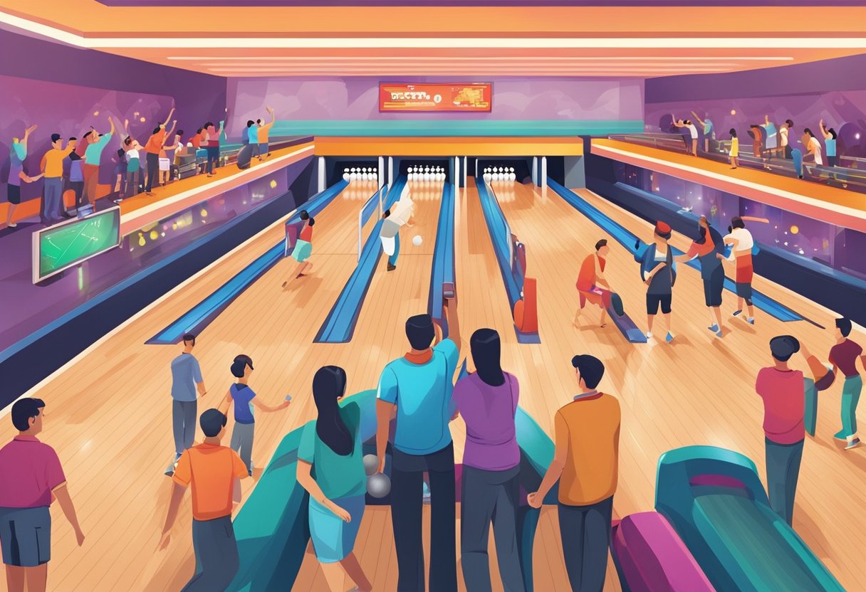 A bustling bowling alley in Singapore with colorful lanes, flashing lights, and groups of people cheering and enjoying the game