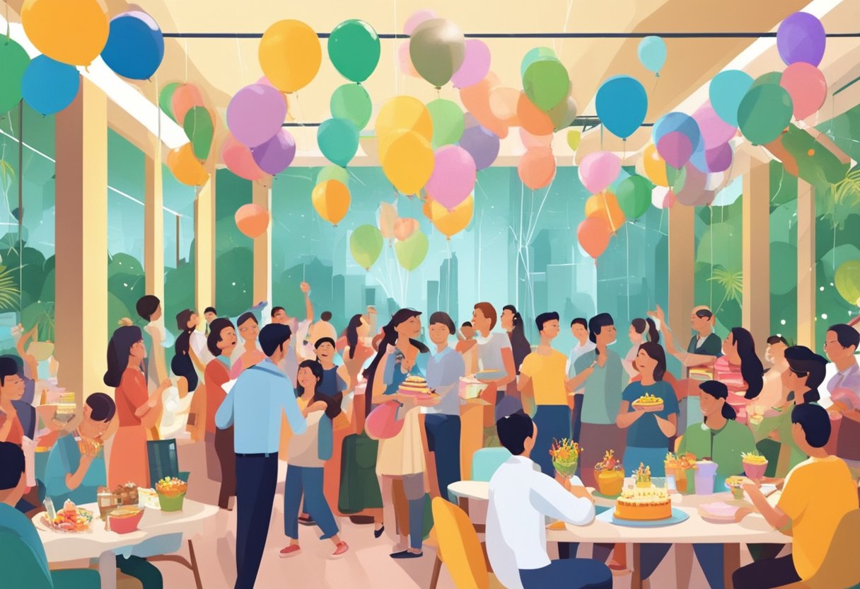Guests enjoy games, music, and food at a lively birthday party in Singapore. Balloons and decorations fill the space, creating a festive atmosphere