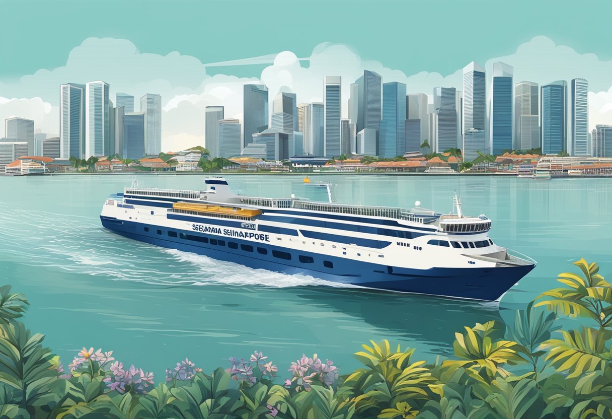 The ferry departs from Singapore to Batam, with the city skyline in the background and the water sparkling in the sunlight