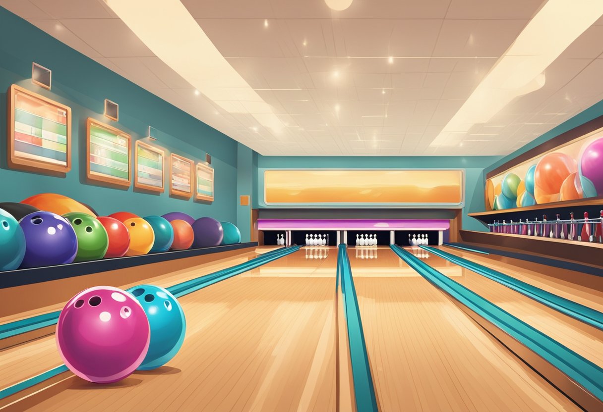 A brightly lit bowling alley with colorful lanes and shiny bowling balls lined up on the racks. The sound of pins crashing and people cheering fills the air