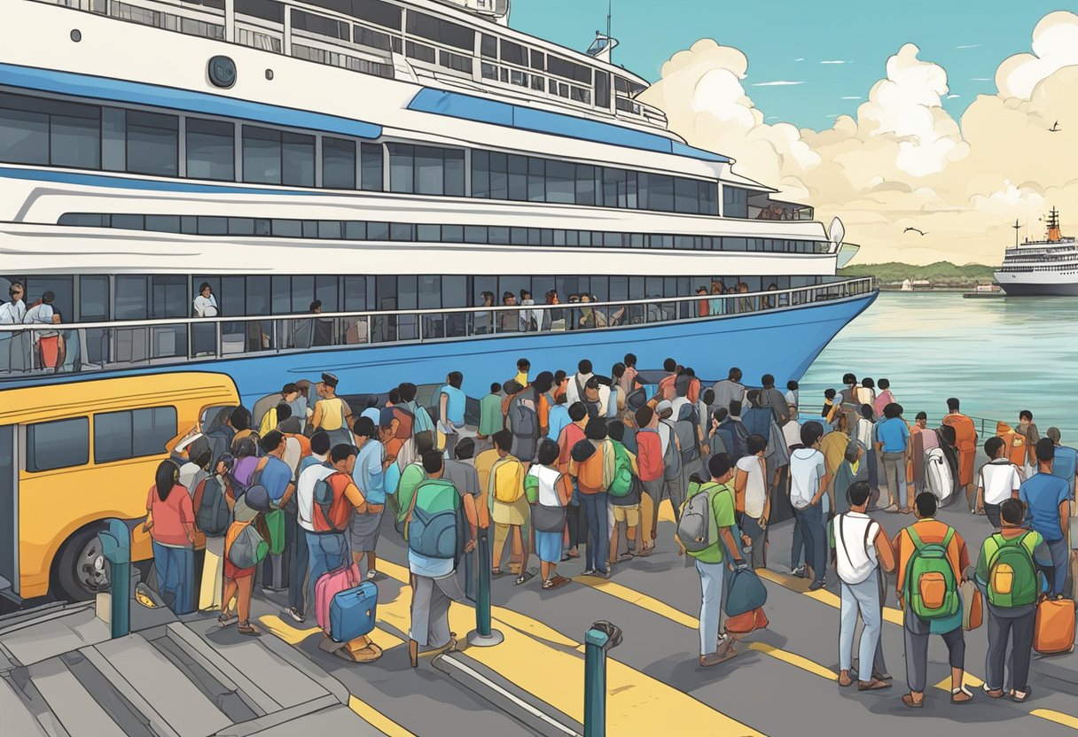 Passengers lining up at the ferry terminal, boarding the vessel, and arriving at the port in Batam, Indonesia