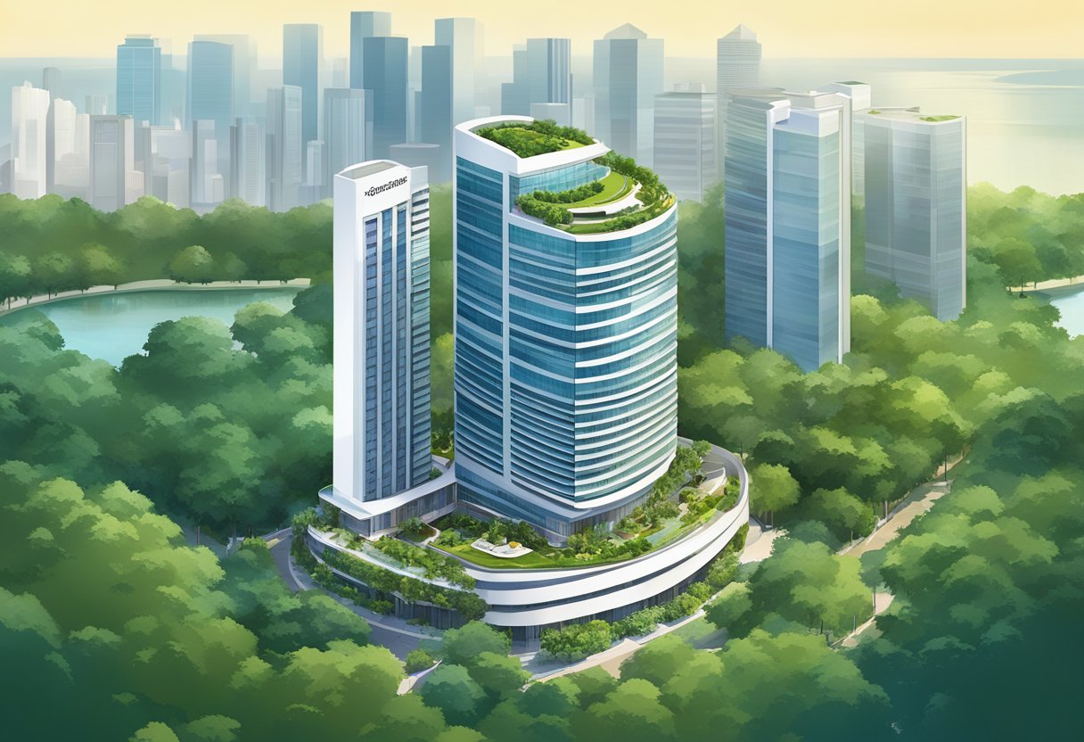 The Swissotel Singapore stands tall, with its modern architecture and sleek design, surrounded by lush greenery and the bustling city below