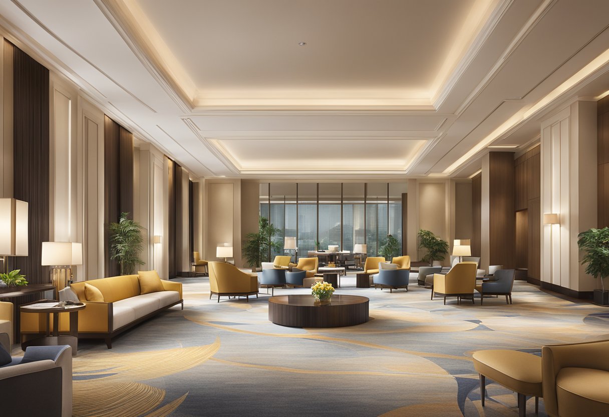 The luxurious lobby of Swissotel Singapore, with elegant furnishings and modern amenities