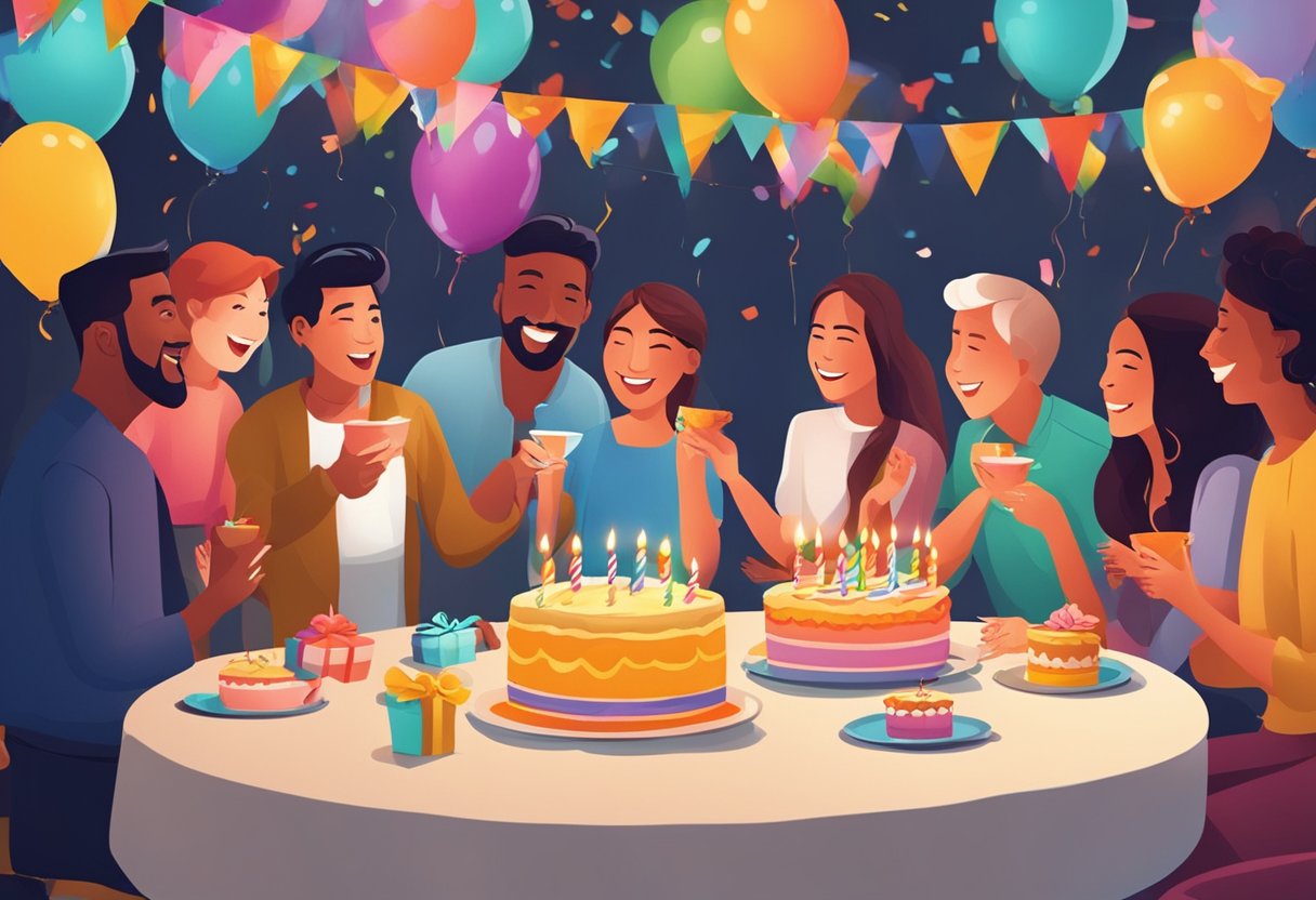 A group of people gathered in a festive setting, with colorful decorations and a birthday cake. Laughter and conversation fill the air as guests enjoy the celebration
