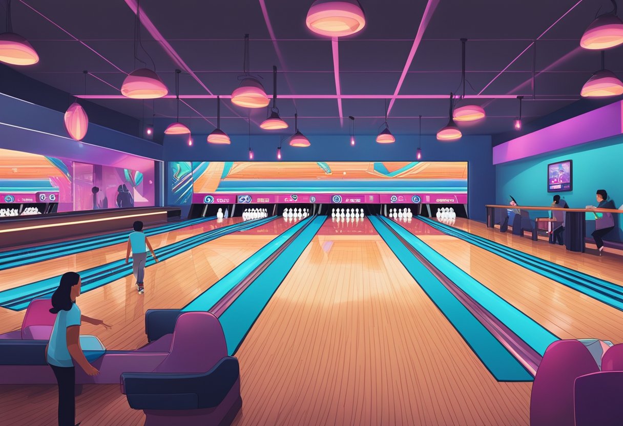 Bowling alley in Singapore, with neon lights, polished lanes, and groups of people enjoying the game