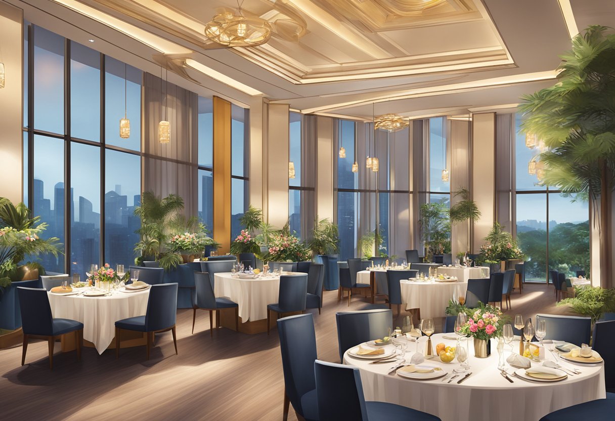 Guests dine and enjoy live entertainment at the Swissotel Singapore, surrounded by elegant decor and ambient lighting