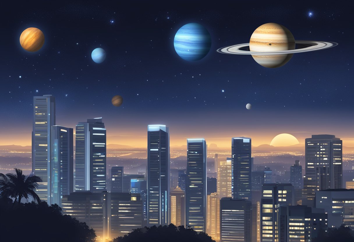 The bright planets Jupiter and Saturn appear close together in the night sky over the city of Singapore