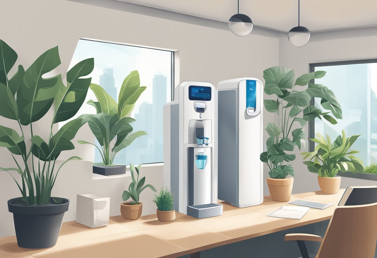 A modern water dispenser in a sleek office setting, surrounded by potted plants and a clean, minimalist design aesthetic