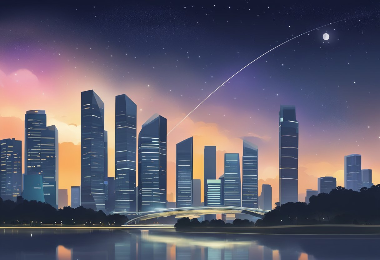 The night sky in Singapore shows Jupiter and Saturn aligning in a rare Great Conjunction, with the city skyline in the background