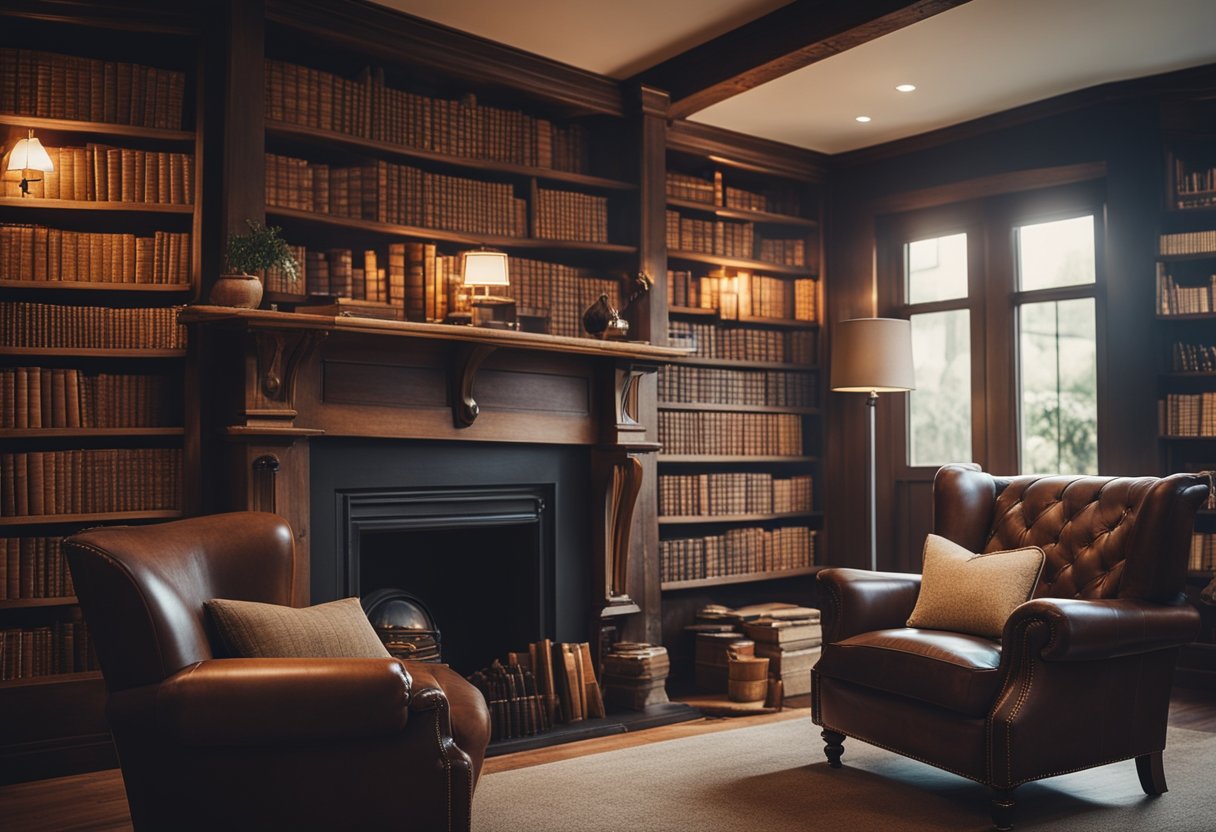 A cozy vintage home library with rustic wooden shelves, leather-bound books, a plush armchair, and a warm fireplace