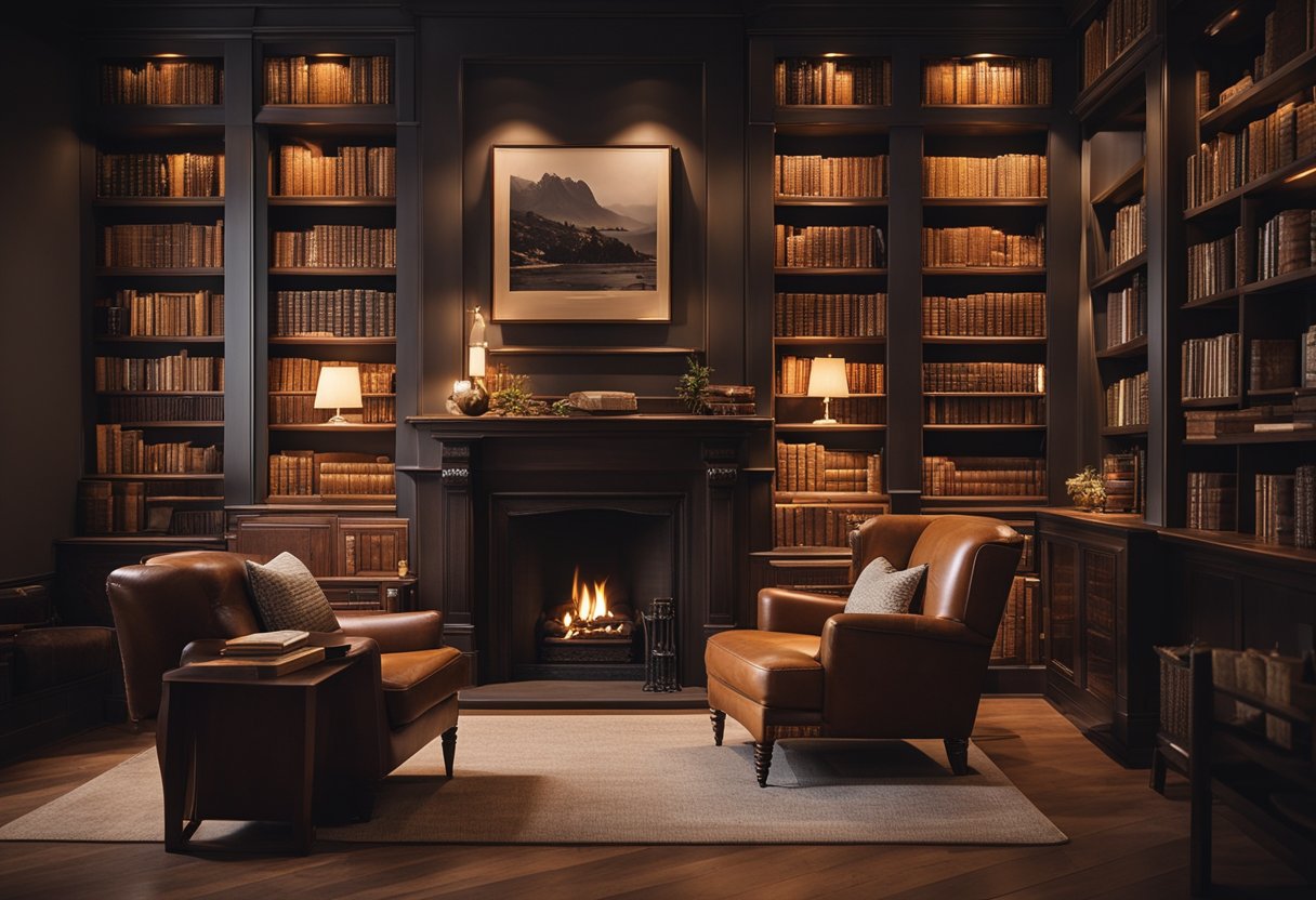 A cozy home library with vintage furniture, rustic decor, and warm lighting. Books are neatly arranged on wooden shelves, with comfortable seating and a fireplace adding to the charm