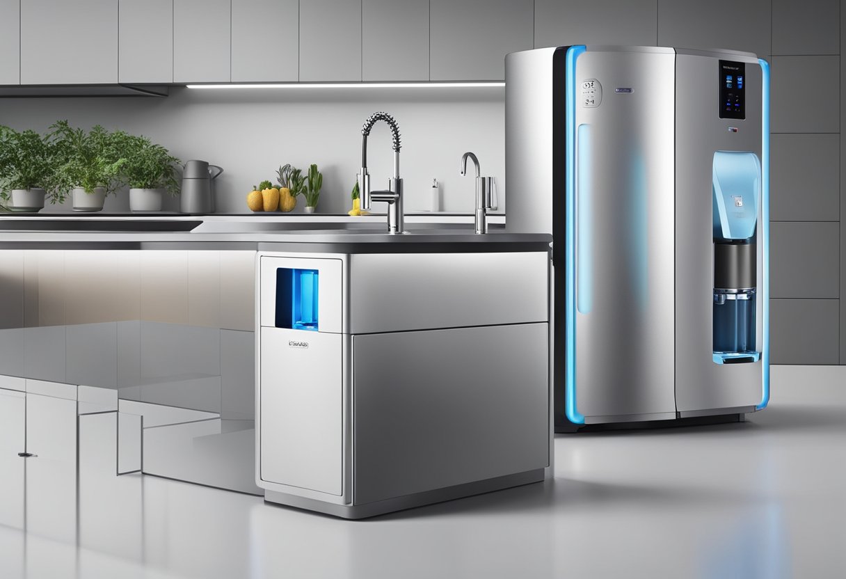 A water dispenser stands on a countertop, with a sleek design and LED display. It has hot and cold water options, as well as a built-in filtration system