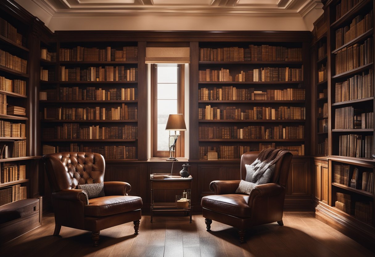 A cozy vintage home library with rustic wooden bookshelves, a comfortable leather armchair, and a classic reading lamp casting a warm glow over the space