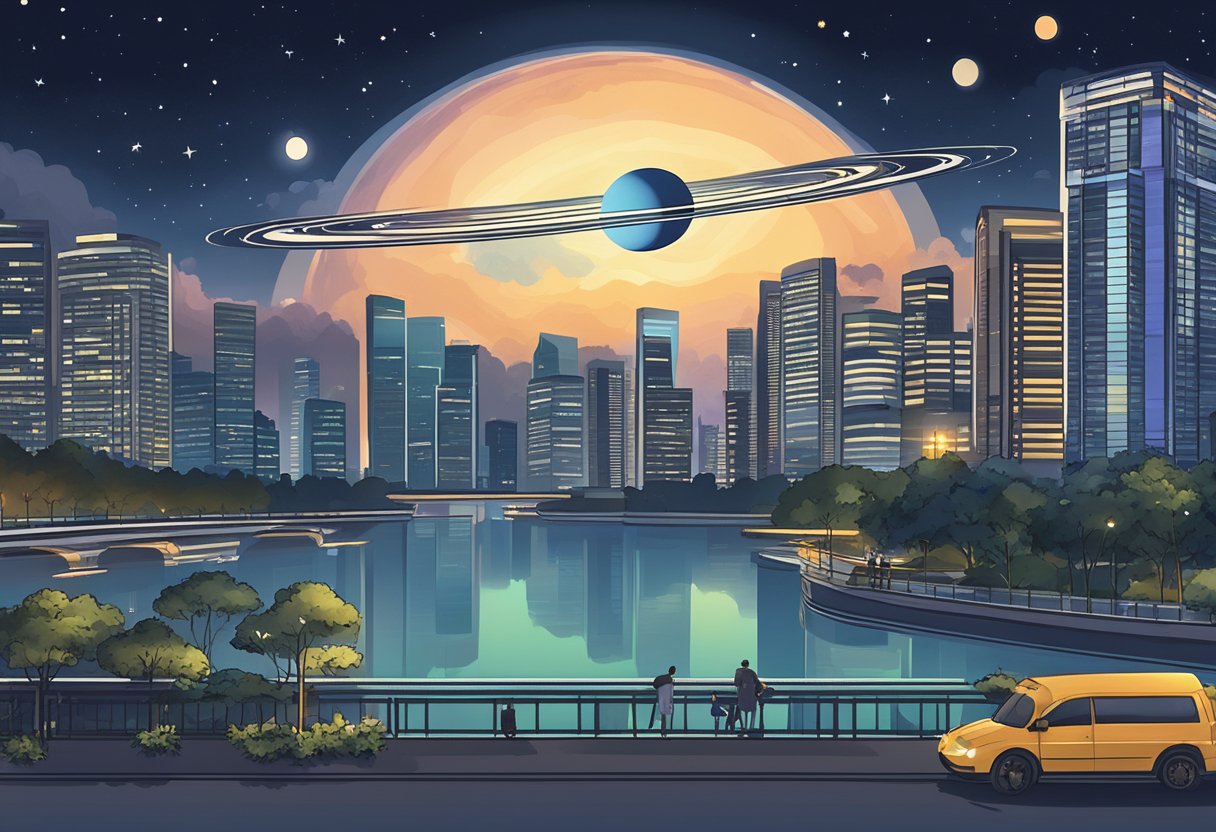 The night sky over Singapore, with Jupiter and Saturn appearing close together, symbolizing the rare celestial event of their conjunction