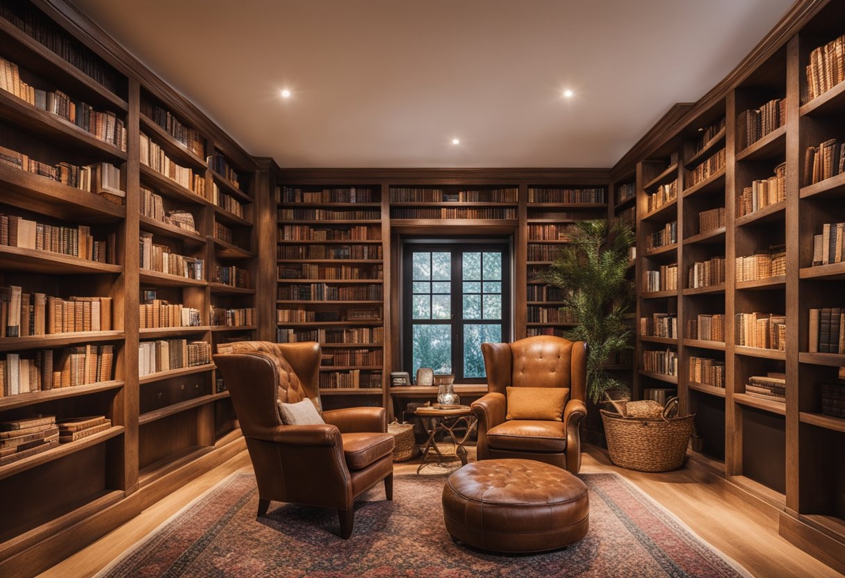 A cozy rustic home library with warm wood shelves, plush armchairs, and a crackling fireplace, surrounded by shelves of well-loved books