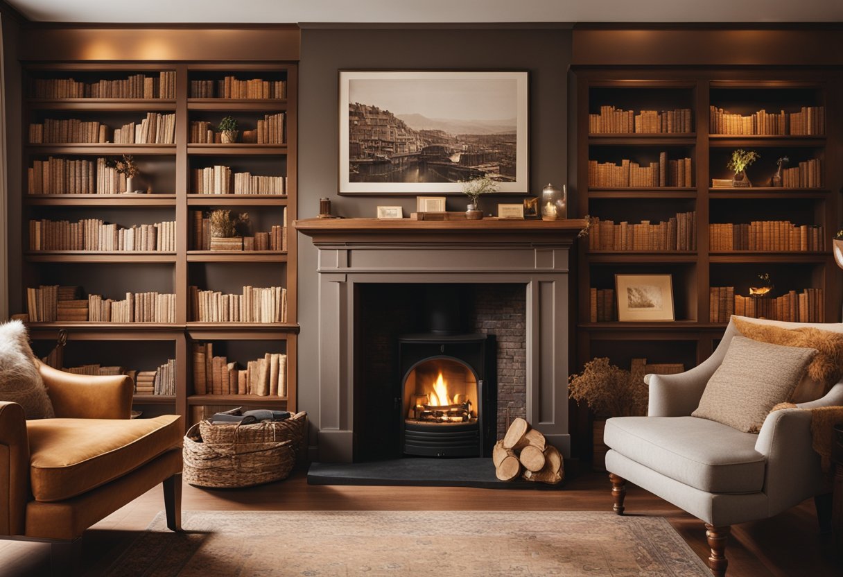 A cozy, sunlit room with wooden bookshelves, a crackling fireplace, and comfortable seating. The walls are adorned with vintage maps and artwork, and there are warm, earthy tones throughout