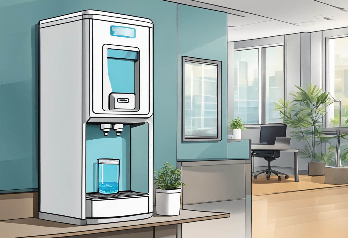 A modern water dispenser in a clean, well-lit office setting with a glass being filled with fresh, clear water