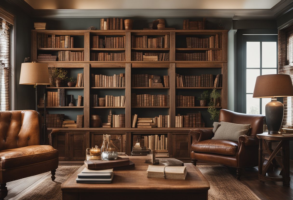 A cozy home library with warm, earthy color palettes and rustic materials like aged wood, leather, and worn textiles. Vintage decor elements add charm