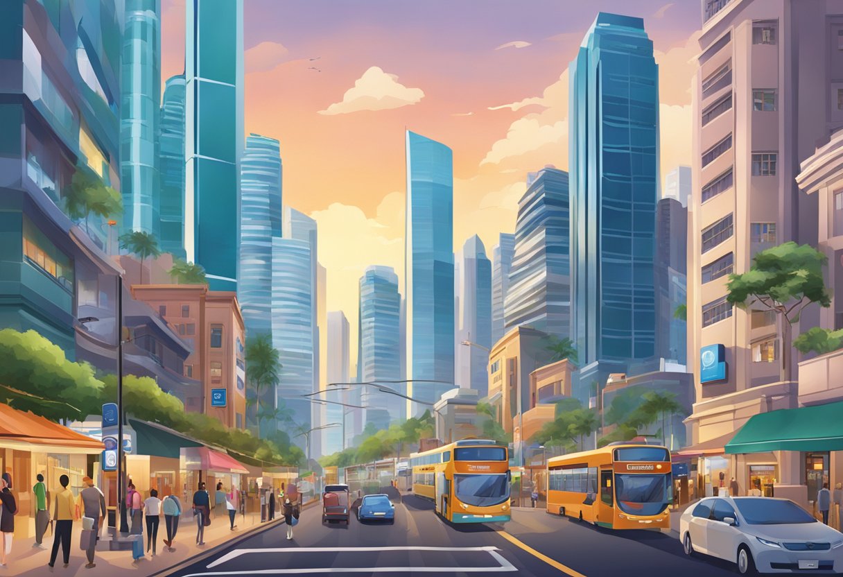 A bustling cityscape with iconic skyscrapers and a vibrant street scene in Singapore