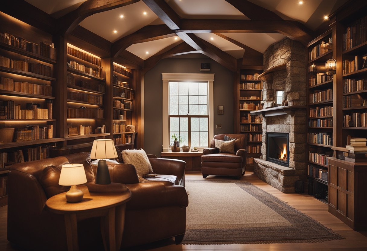 A cozy, rustic home library with a crackling fireplace, comfortable seating, and shelves filled with books. Warm lighting and earthy tones create a welcoming atmosphere