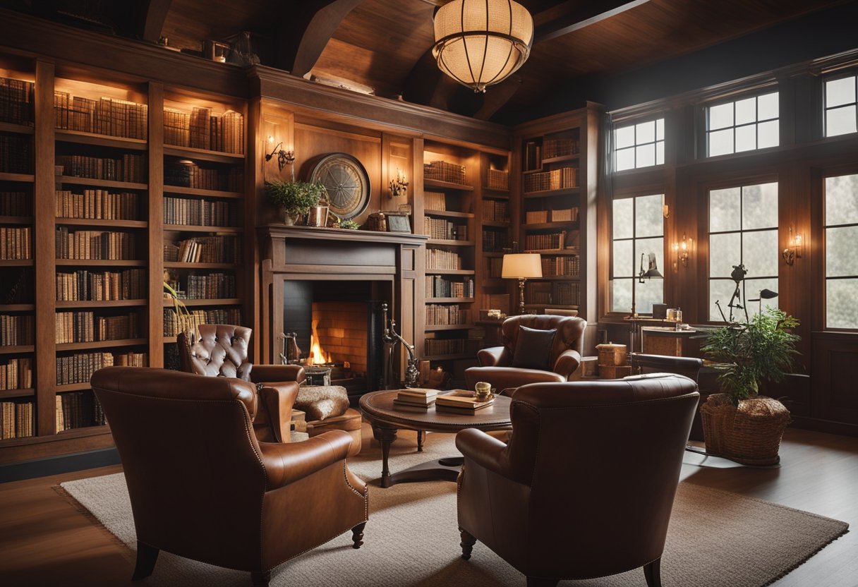 A cozy vintage home library with rustic decor, featuring a large wooden bookshelf, antique armchairs, a warm fireplace, and soft lighting