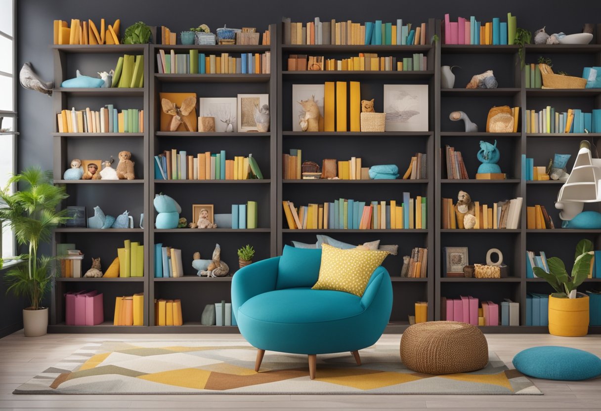 A cozy home library with colorful bookshelves, bean bag chairs, and a reading nook with a whimsical theme. A chalkboard wall for drawing and a low, accessible book display for kids