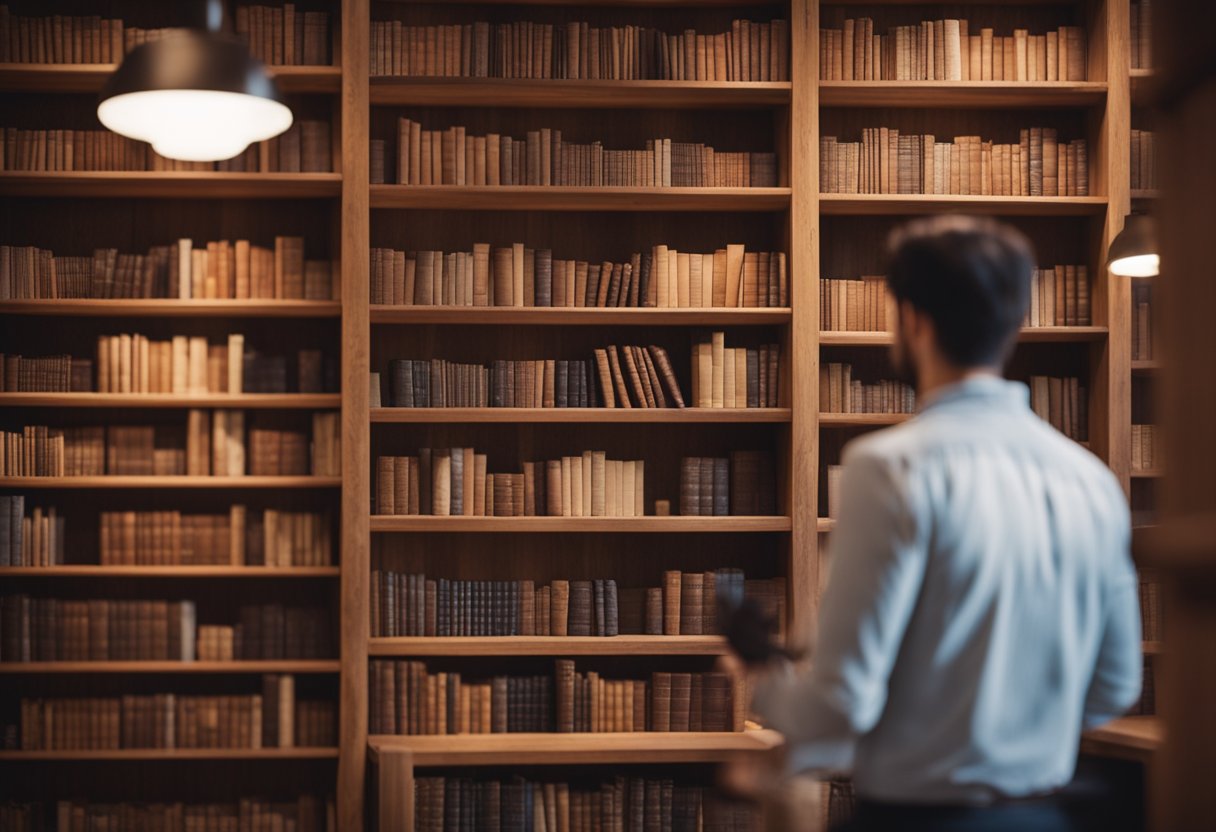 A person arranges wooden bookshelves in a cozy, rustic home library, adding warm lighting and comfortable seating for a welcoming atmosphere