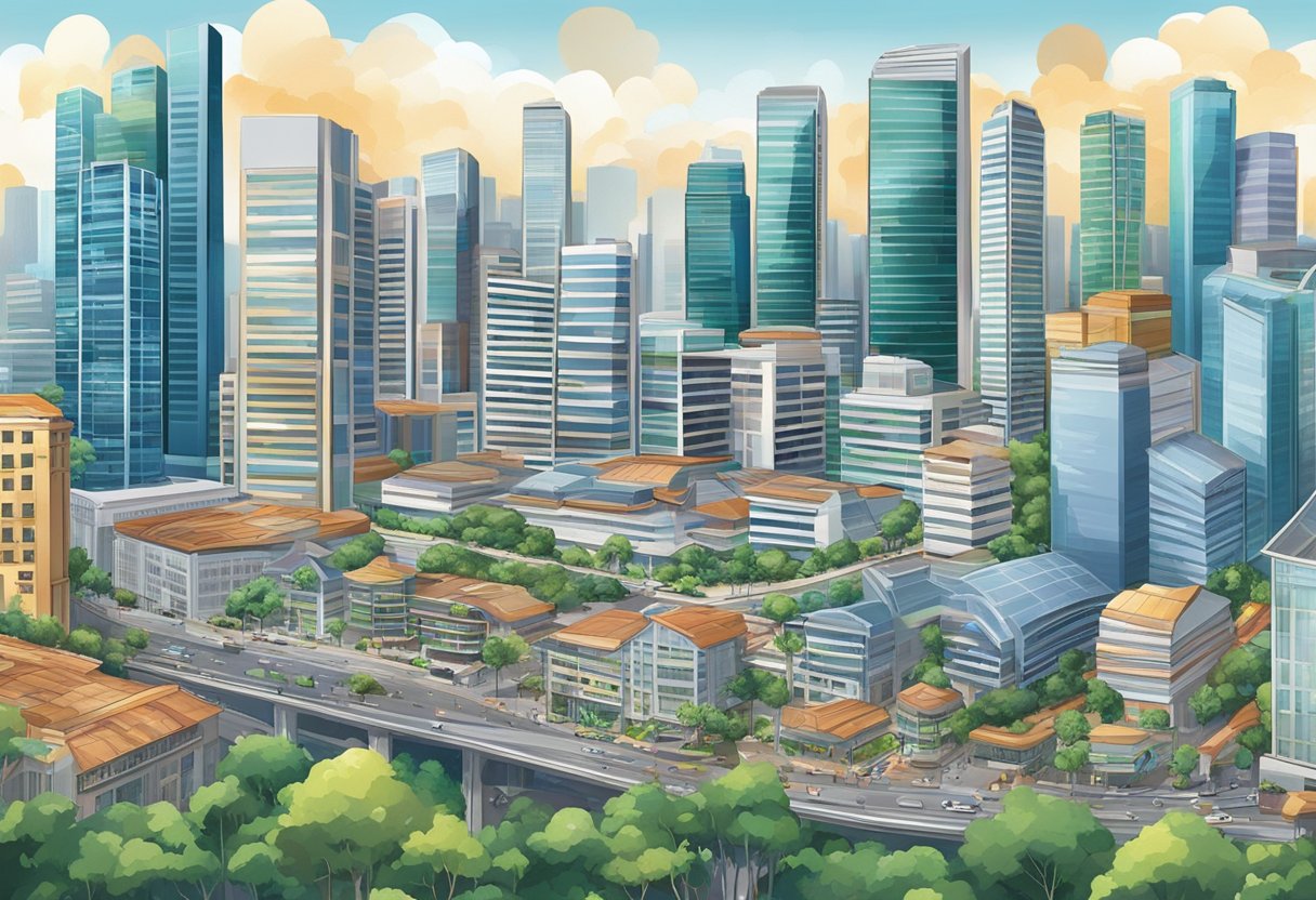 A bustling cityscape with skyscrapers and industrial buildings, showcasing the dynamic employment landscape in Singapore