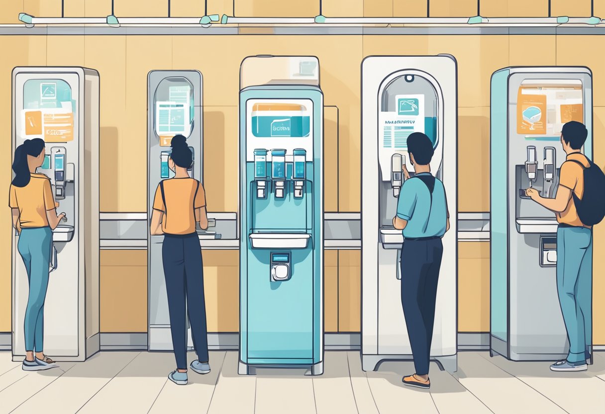 A modern water dispenser in a Singapore office, surrounded by people with cups, and a sign displaying "Frequently Asked Questions" in bold letters