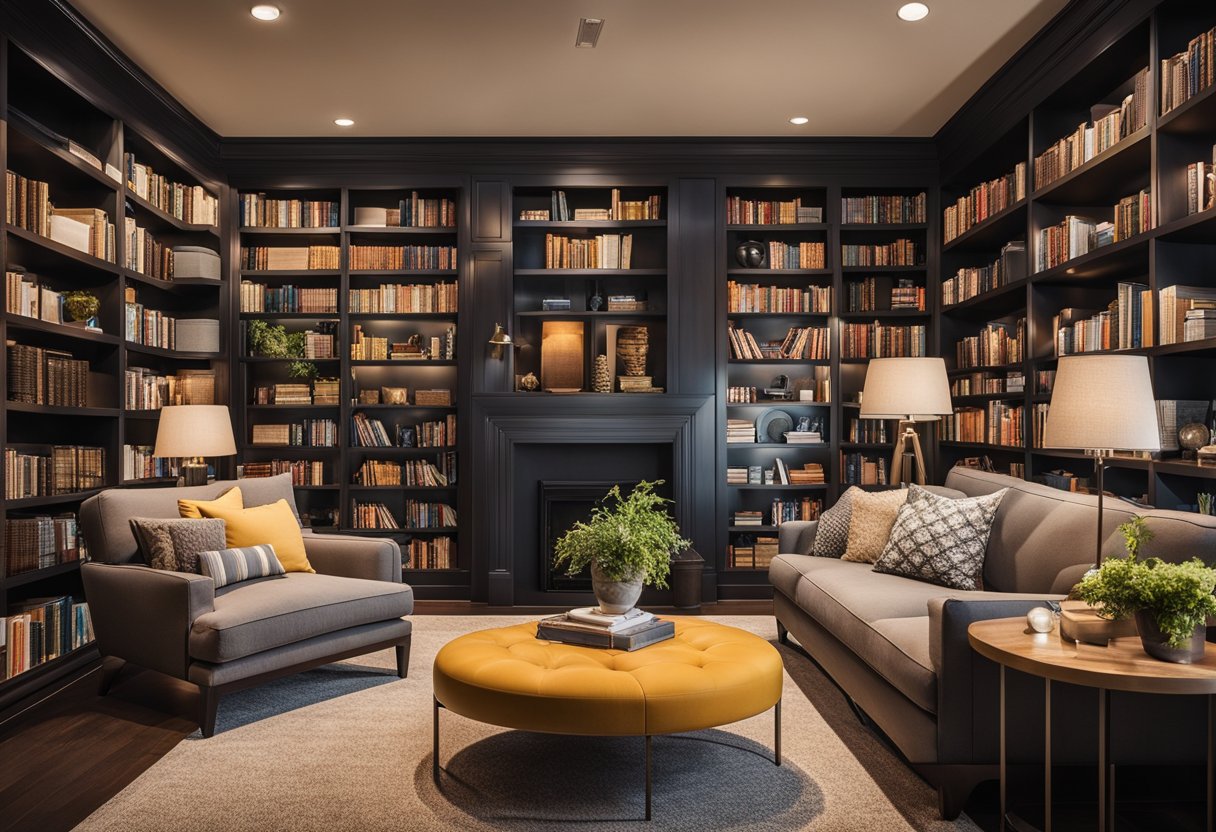 A cozy home library with low shelves, soft seating, and bright colors. Accessible design features include wide aisles, non-slip flooring, and adjustable lighting