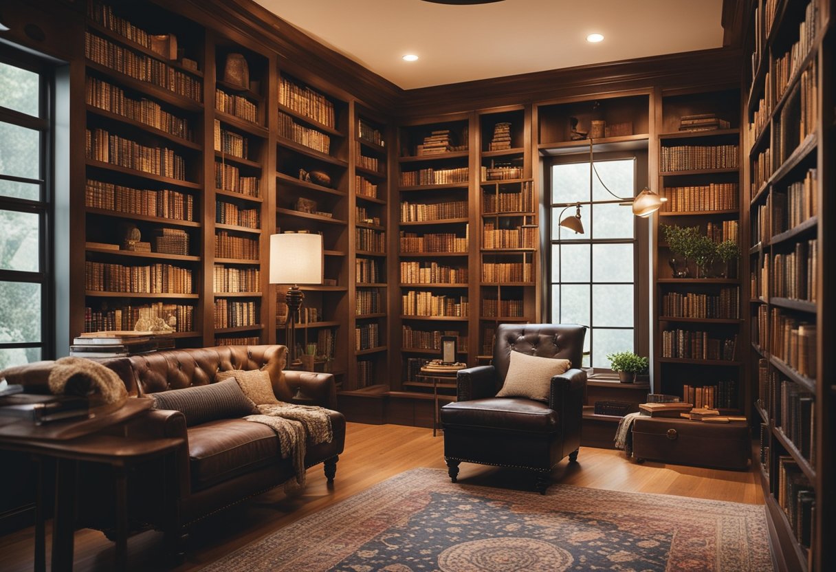 A cozy vintage home library with rustic decor, featuring modern amenities like a comfortable reading nook, antique bookshelves, and warm ambient lighting