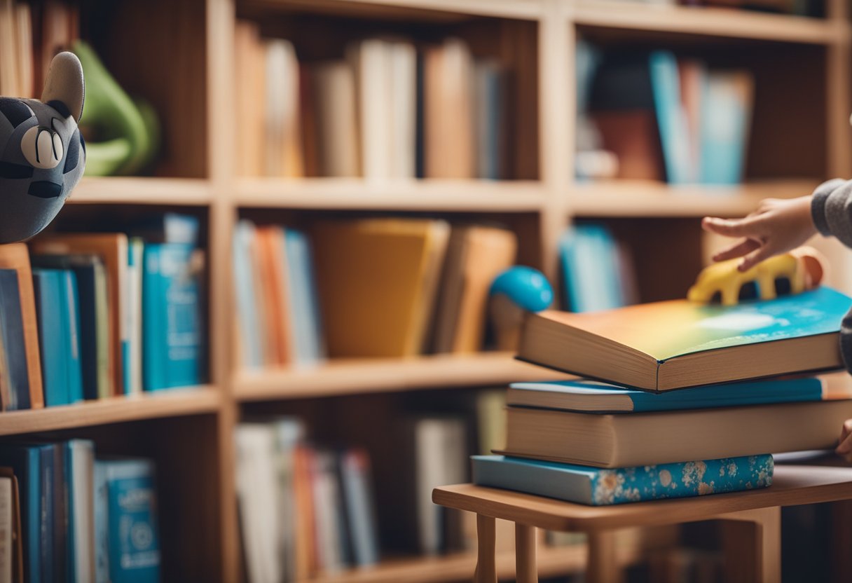 A child reaches for a colorful book on a low shelf in a cozy, well-lit home library. Toys and comfy seating create a welcoming space