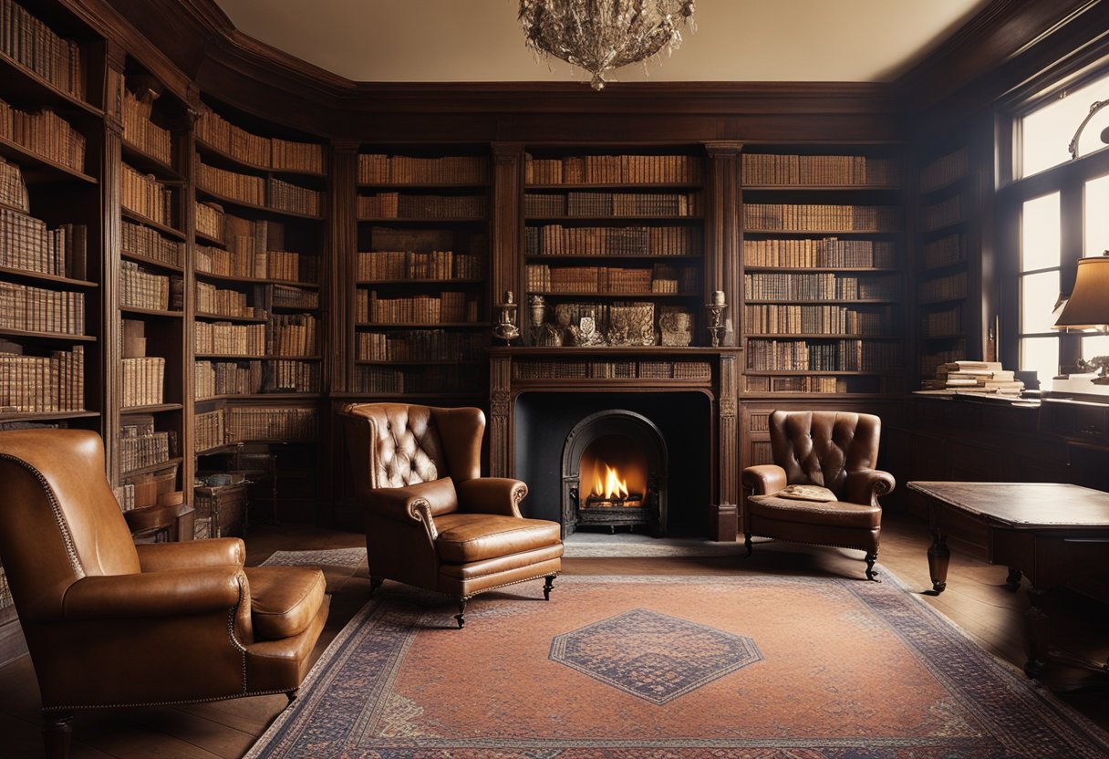 A cozy vintage home library with aged bookshelves, antique leather armchairs, and a crackling fireplace. Sunlight filters through dusty windows, casting a warm glow on the worn Persian rug