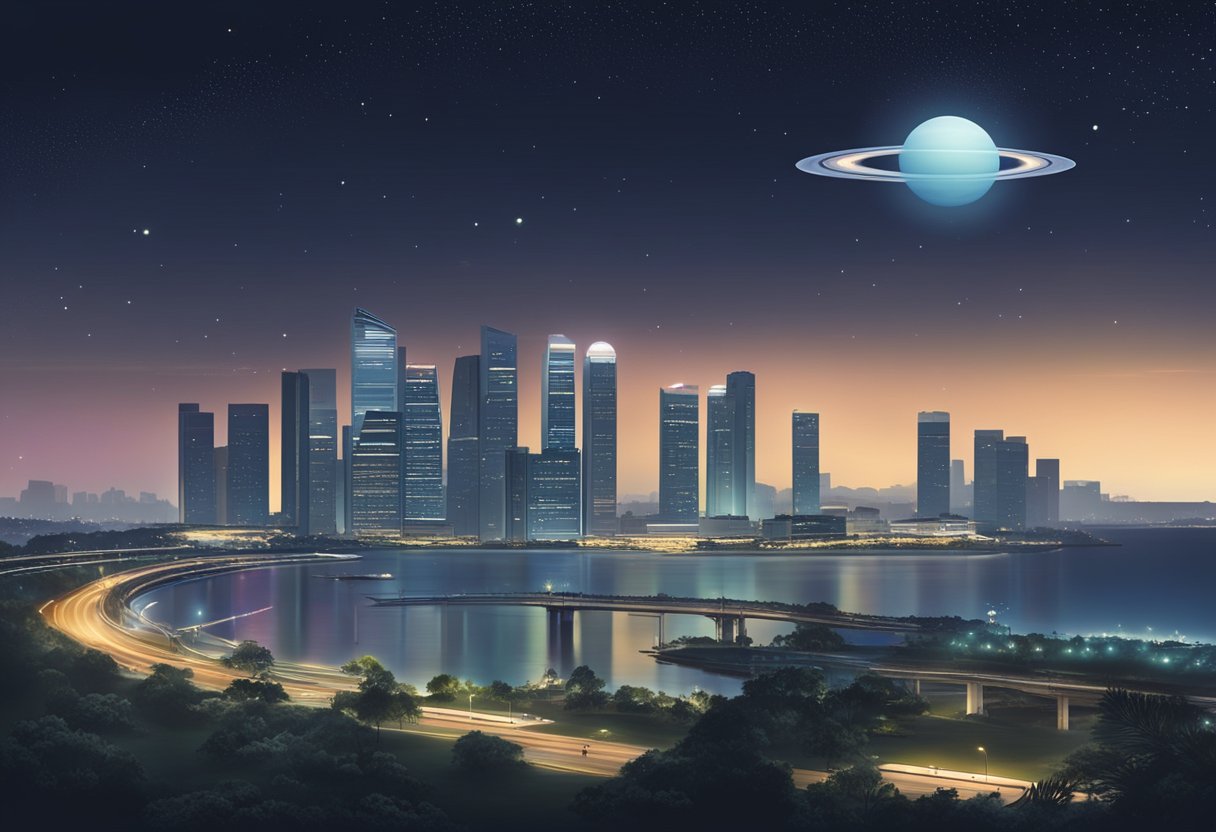 Two large planets, Jupiter and Saturn, appear close in the night sky over Singapore, creating a rare and beautiful conjunction