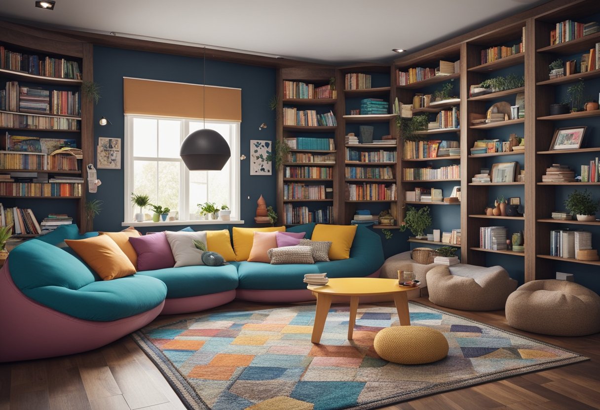 A cozy home library with colorful bookshelves, bean bag chairs, and a reading nook with a tent. A chalkboard wall for doodling and interactive shelves for puzzles and games