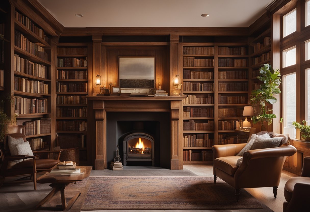 A cozy home library with vintage bookshelves, rustic wooden furniture, and authentic decor. A warm fireplace crackles in the corner, casting a soft glow over the room