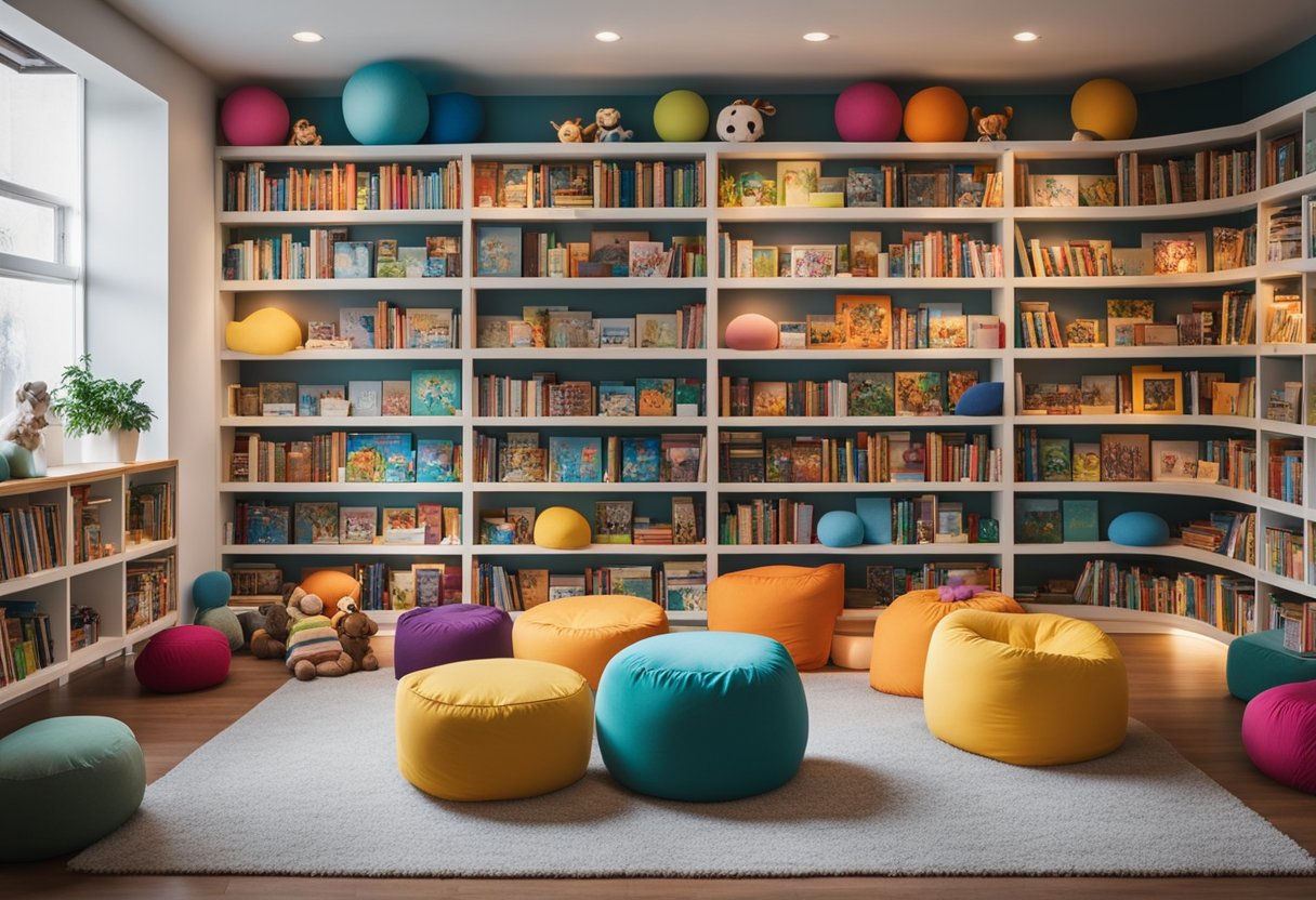 Colorful bookshelves line the walls, filled with books and toys organized by theme. A cozy reading nook with bean bags and soft lighting invites children to explore and learn