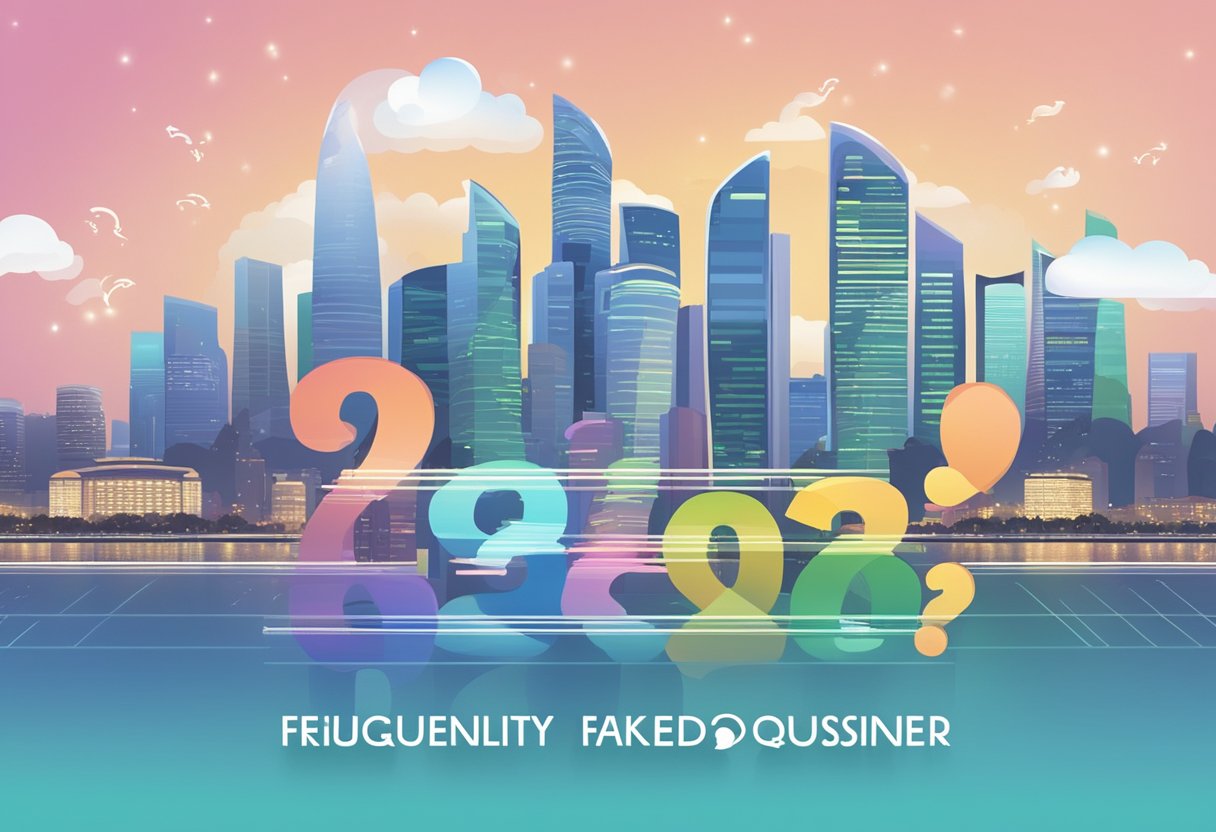 A colorful array of question marks and the words "Frequently Asked Questions" displayed on a digital screen with the backdrop of the Singapore skyline