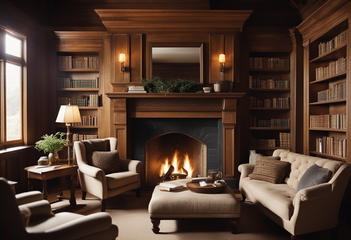 Cozy armchairs and a plush sofa surround a crackling fireplace in a rustic home library, with warm lighting and bookshelves filled with well-loved volumes