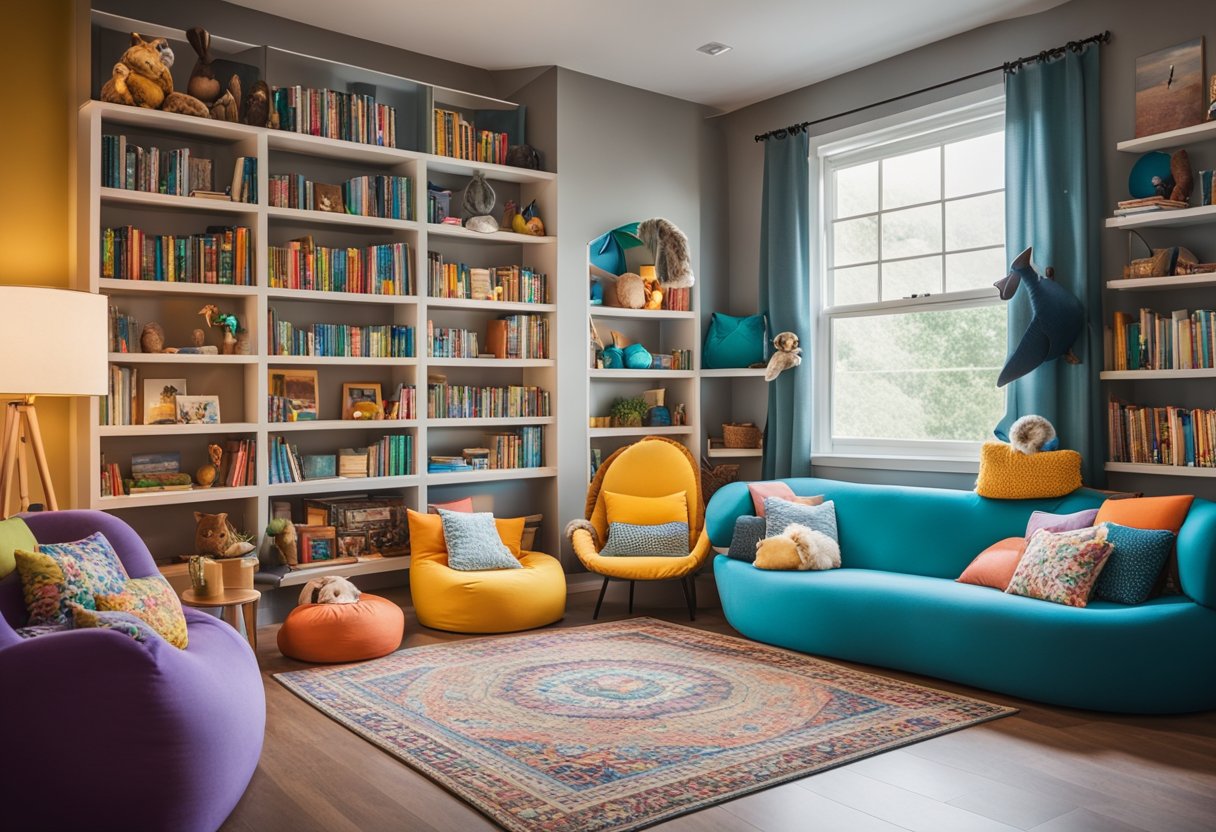 A cozy home library with colorful bookshelves, comfy bean bag chairs, and a reading nook with soft pillows and a bright lamp. A playful rug and educational posters adorn the walls, creating a fun and inviting space for children to explore and learn