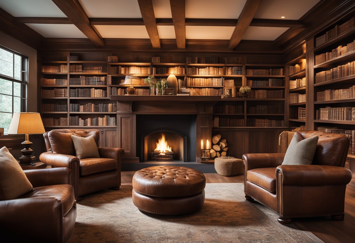 A cozy, rustic home library with wooden bookshelves, soft leather armchairs, warm lighting, and a crackling fireplace. A plush rug and decorative throw pillows add comfort and charm